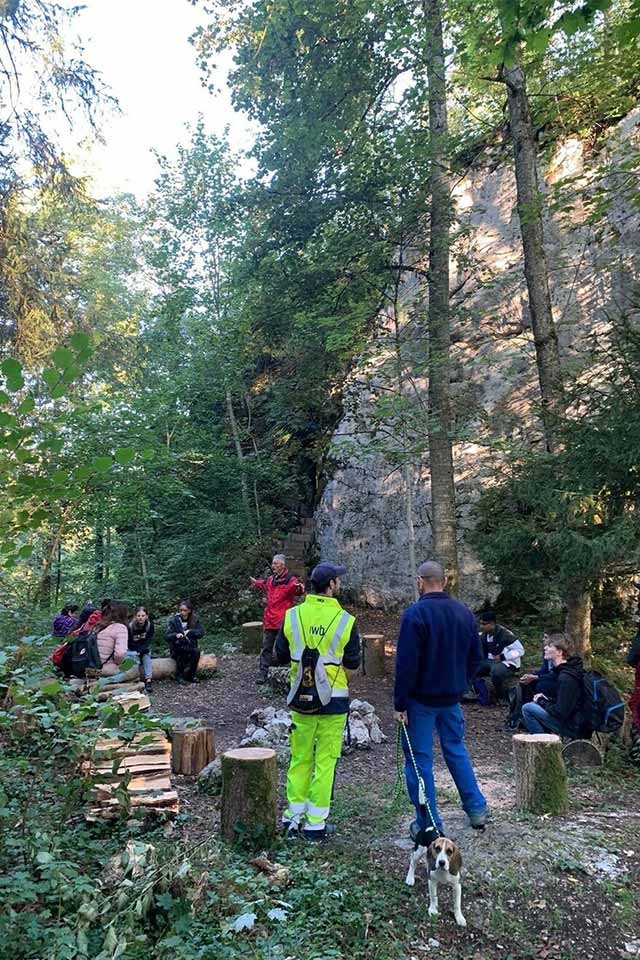 Eine Gruppe Menschen steht in einer Waldlichtung und hört einer Person zu. Im Hintergrund ist eine Felswand zu sehen.