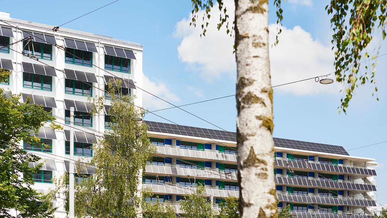 Wohngebäude im Guggach III Quartier mit Solarpanels an der Fassade, Bäume im Vordergrund, strahlender blauer Himmel.